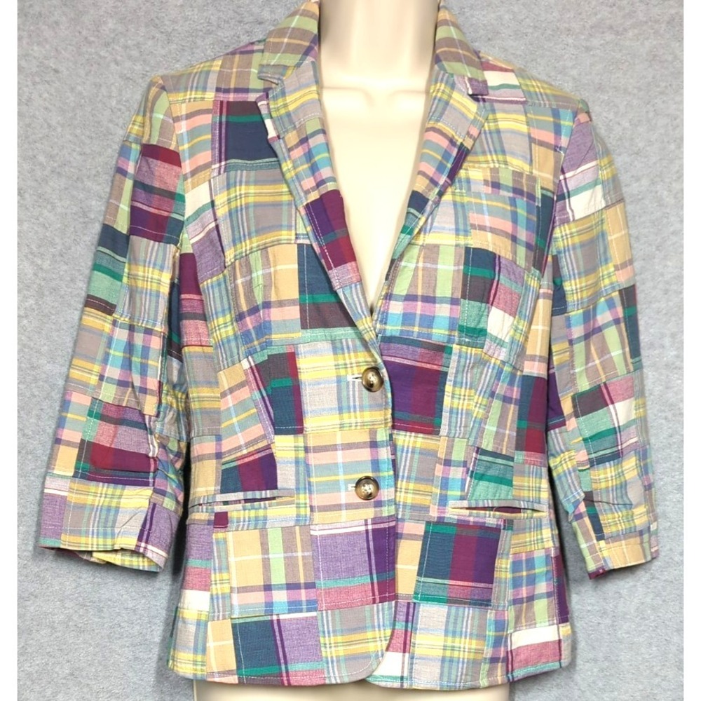 Patchwork Madras Blazer Jacket Women 2 Multicolor Plaid Preppy Classic Casual